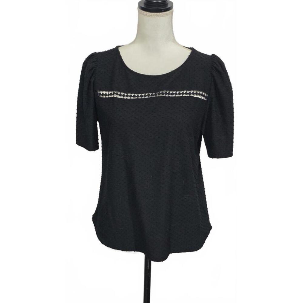 Chic Black Textured Short Sleeve Top with Decorative Trim